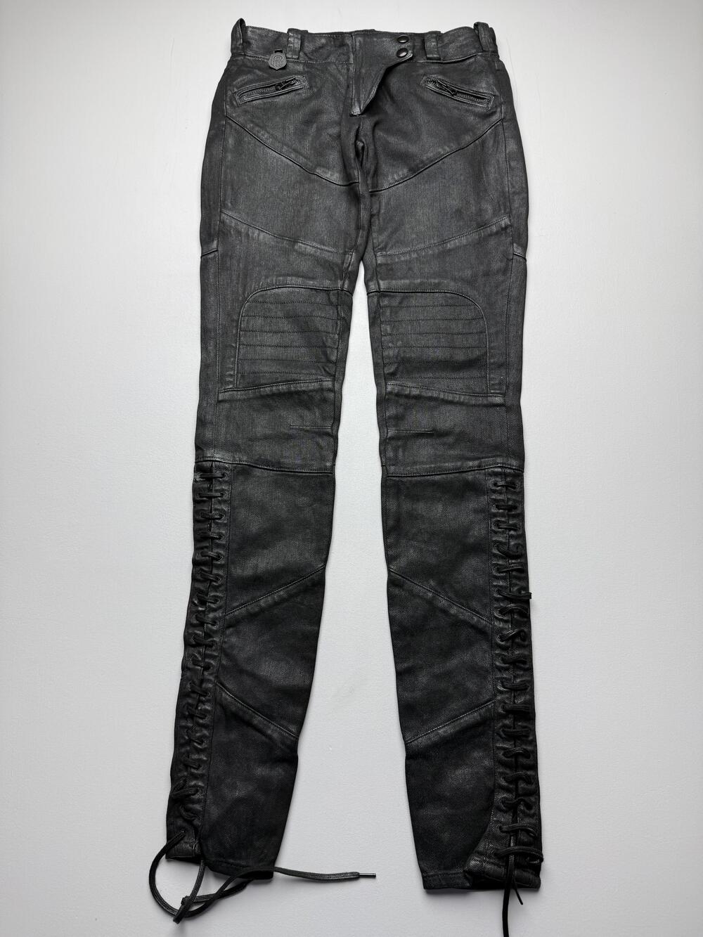 Polo Ralph Lauren Jeans Womens 25 Black Coated Skinny Lace Up Moto Rare Laces
